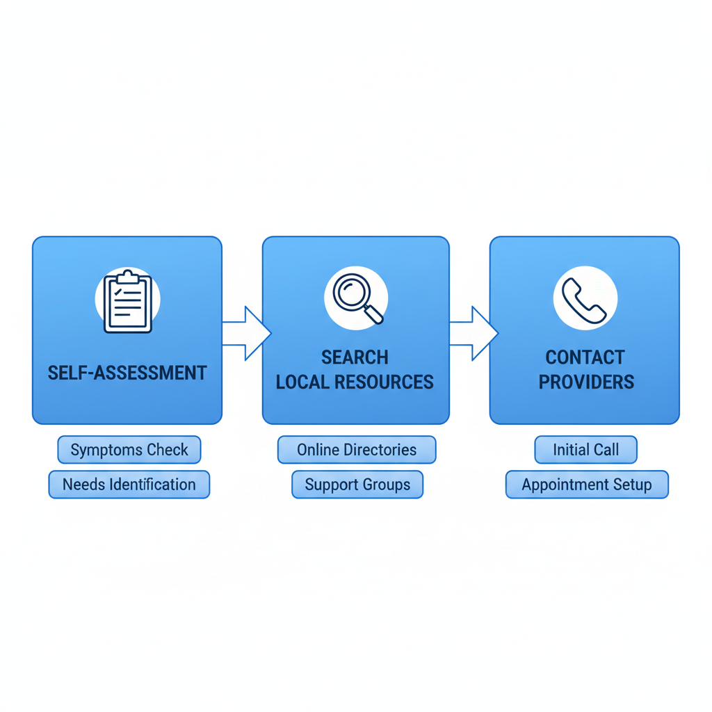 Horizontal process flow diagram showing three steps for starting alcohol recovery in Allentown: self-assessment, searching resources, and contacting providers.
