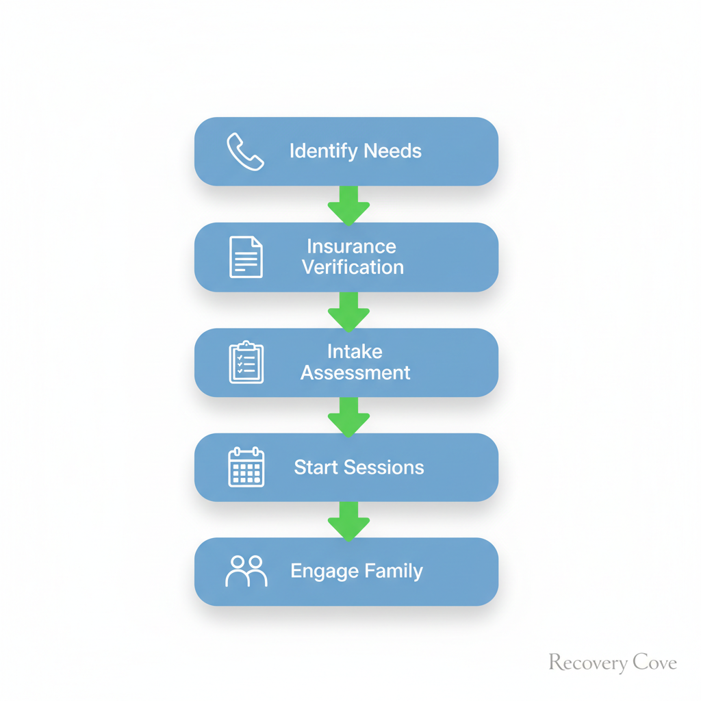 Vertical process flow diagram illustrating five steps to begin addiction recovery: identify needs, verify insurance, attend assessment, start sessions, and engage family support.