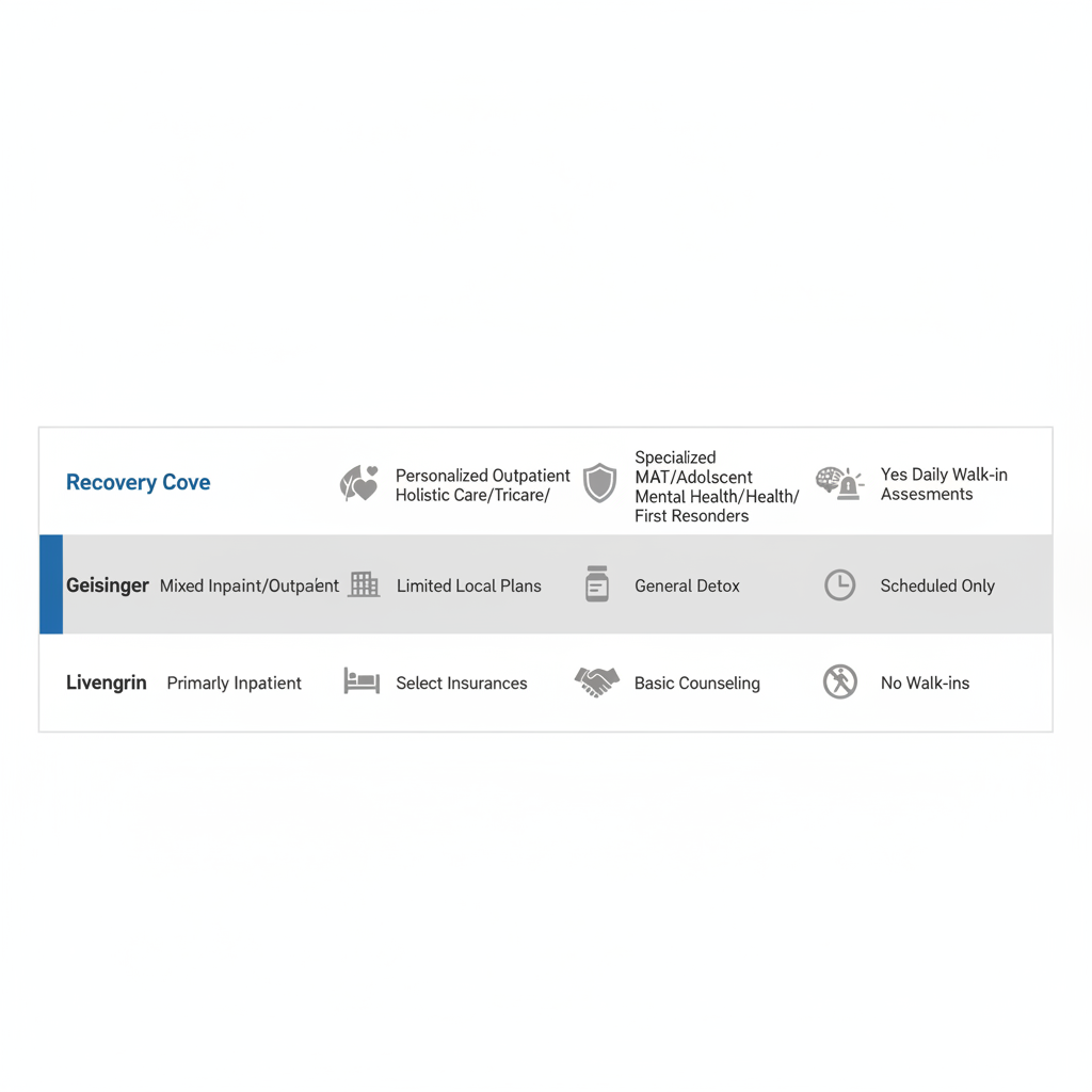 Infographic visually comparing three substance use treatment providers in Allentown, PA, highlighting services and availability.