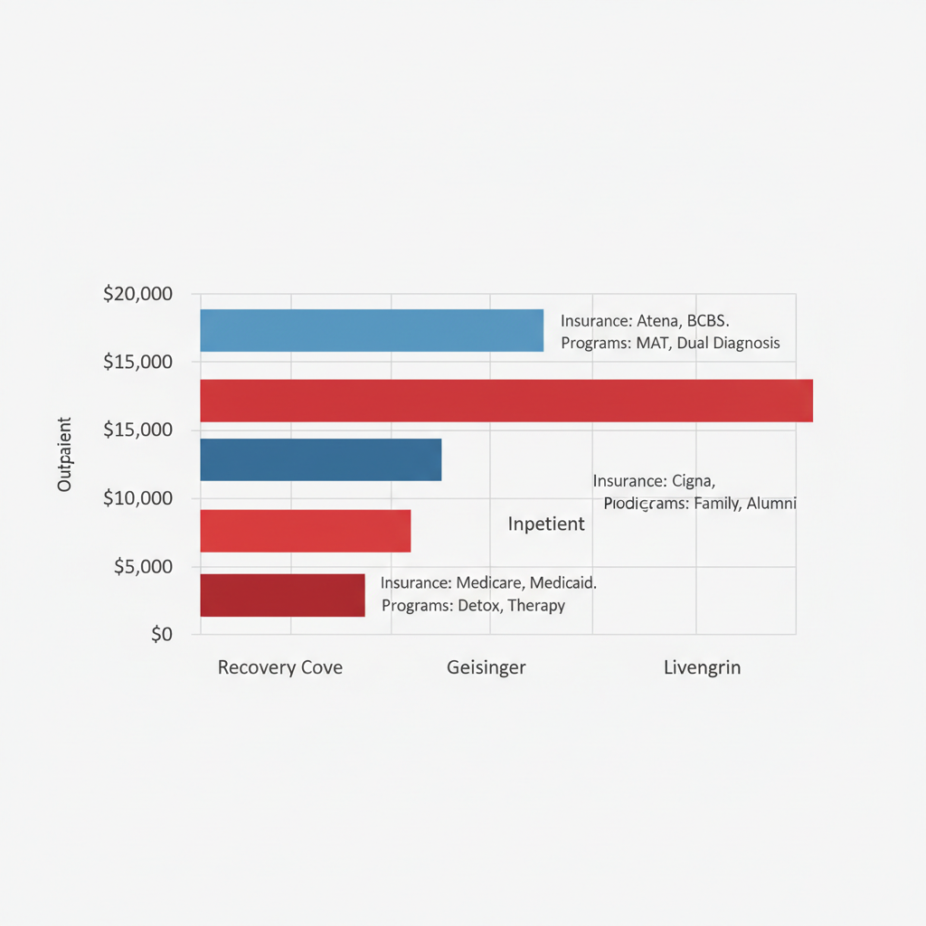 Horizontal bar chart comparing costs of outpatient and inpatient rehab facilities in Allentown, including Recovery Cove, Geisinger, and Livengrin with insurance and program labels.