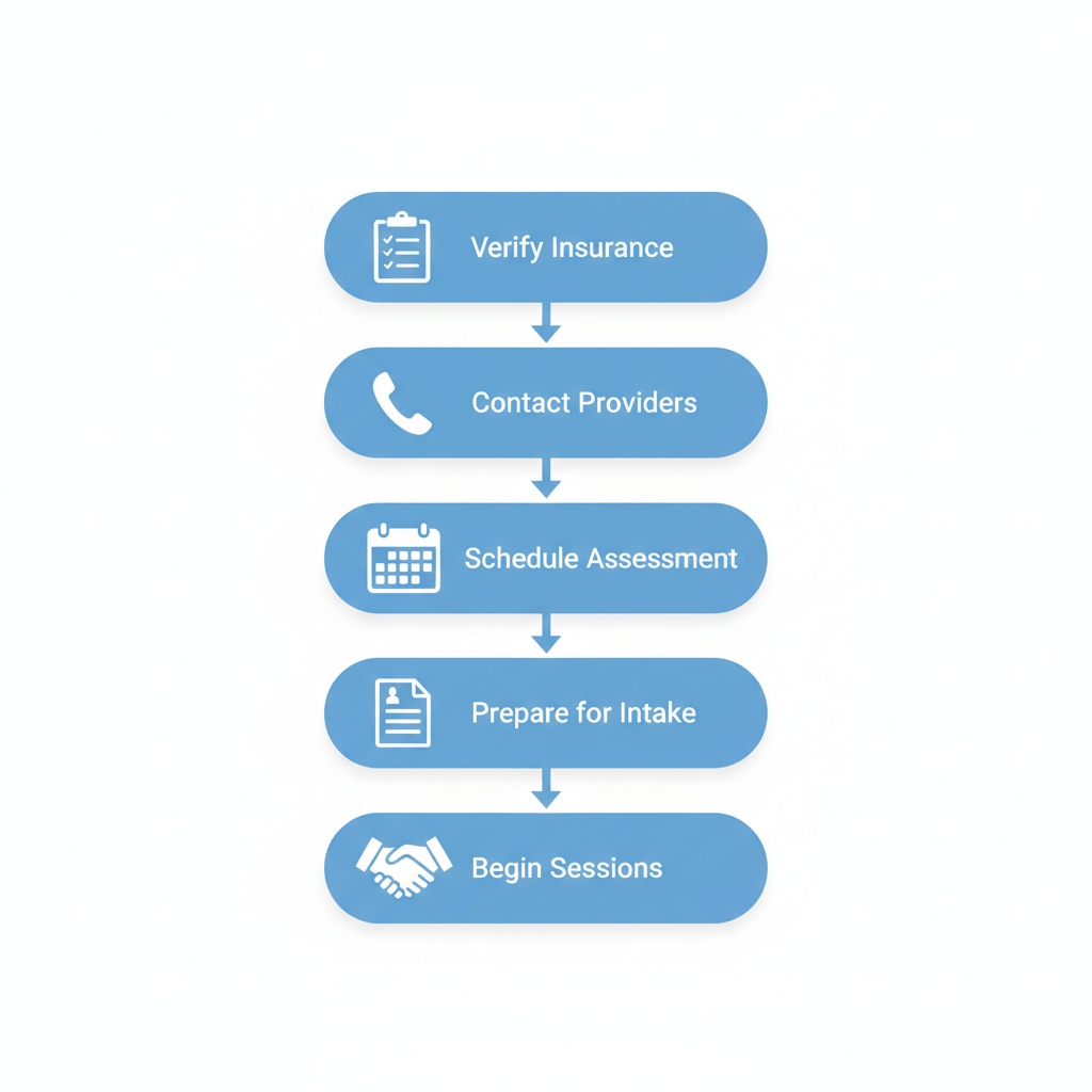 Vertical process flow diagram showing five steps to begin recovery in Allentown with icons for insurance verification, contacting providers, scheduling assessment, preparing for intake, and beginning sessions.