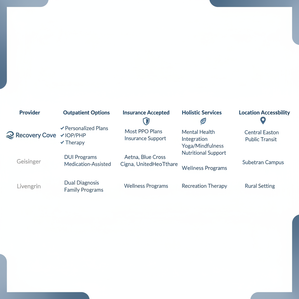 Infographic comparing top alcohol rehab centers in Easton, Pennsylvania, featuring Recovery Cove services and insurance options