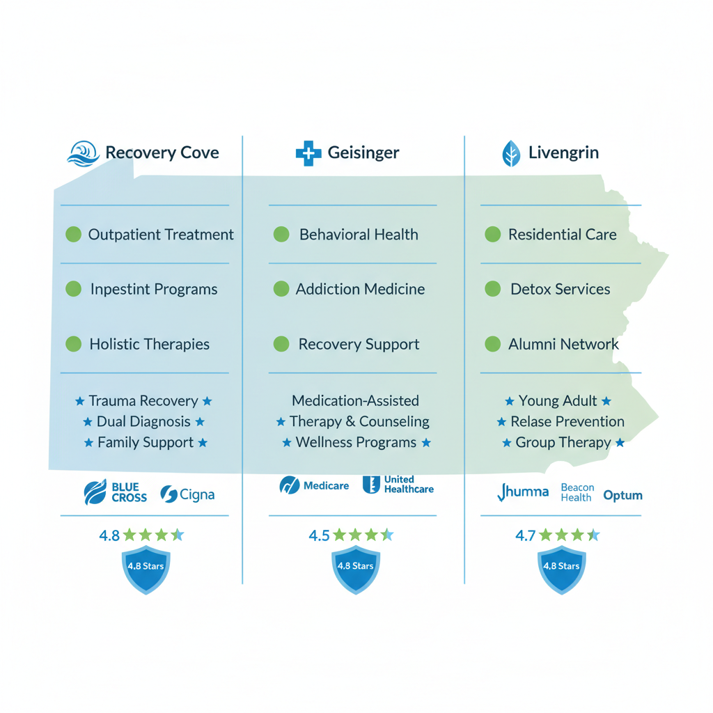 Infographic comparing Recovery Cove, Geisinger, and Livengrin rehab centers in Easton, including services, insurance, and ratings