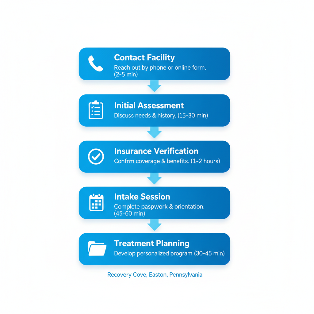 Vertical process flow diagram outlining five steps to begin rehab treatment in Easton, Pennsylvania, featuring icons for contact, assessment, insurance, intake, and planning.