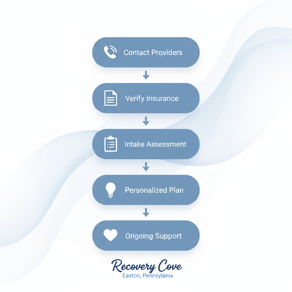 Vertical diagram illustrating five steps to start addiction recovery: contact providers, verify insurance, intake assessment, personalized treatment plan, and ongoing support.