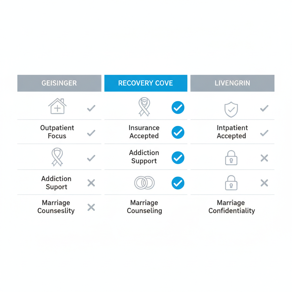 Infographic comparing key features of family therapy providers in Bethlehem: Recovery Cove, Geisinger, and Livengrin with icons for outpatient services, insurance, addiction support, counseling, and confidentiality.