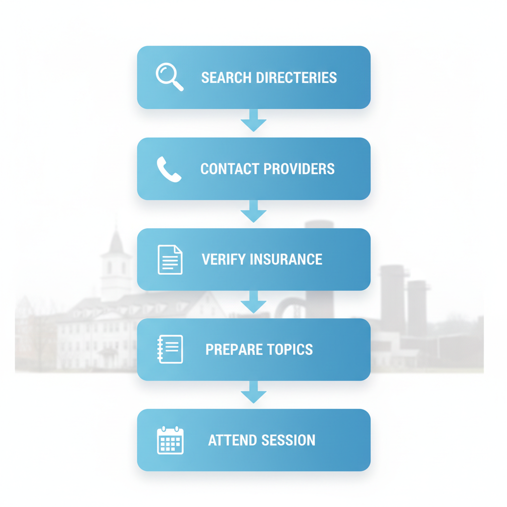 Vertical process flow diagram illustrating five key steps to begin family therapy in Bethlehem, Pennsylvania, with icons and brief labels.