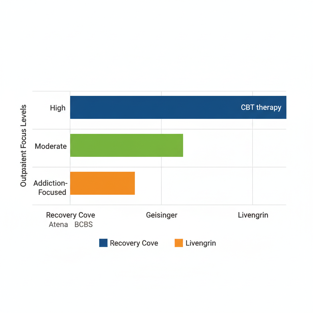 Horizontal bar chart comparing outpatient focus levels of depression counseling providers in Bethlehem: Recovery Cove, Geisinger, and Livengrin.