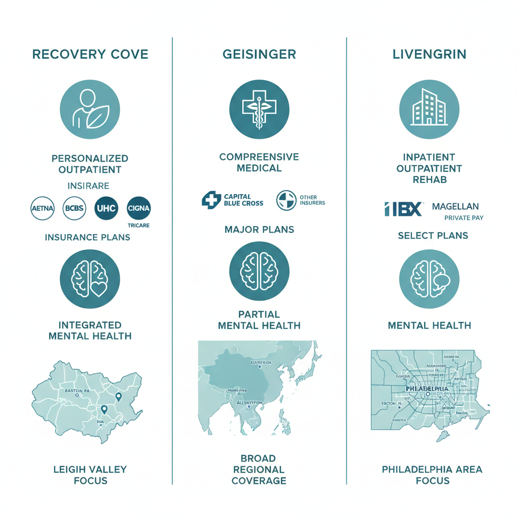 Infographic comparing addiction treatment providers in Easton, PA: Recovery Cove, Geisinger, and Livengrin with icons for services, insurance, and coverage areas.