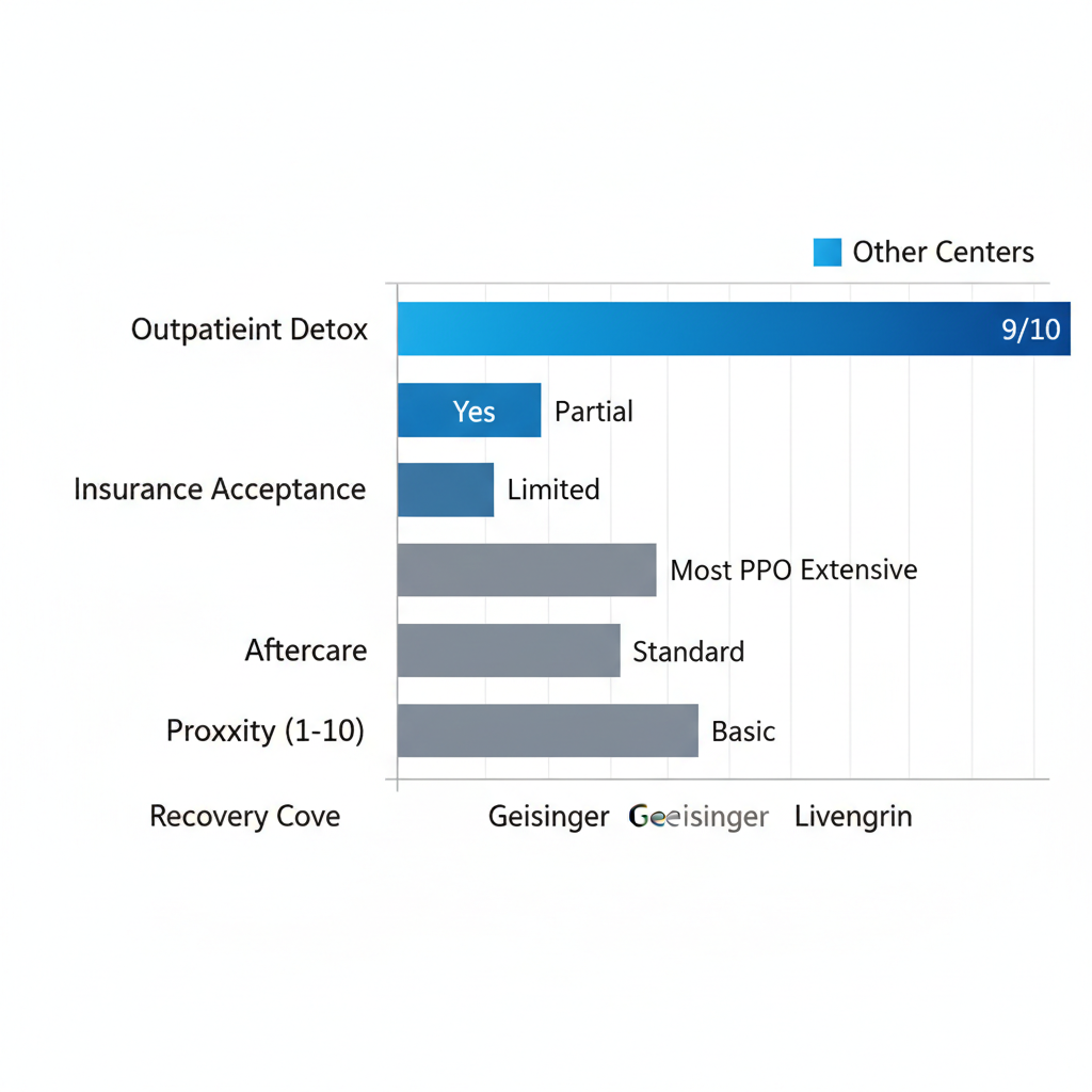 Horizontal bar chart comparing ratings of addiction treatment centers in Easton, Pennsylvania for outpatient detox, insurance, aftercare, and proximity.