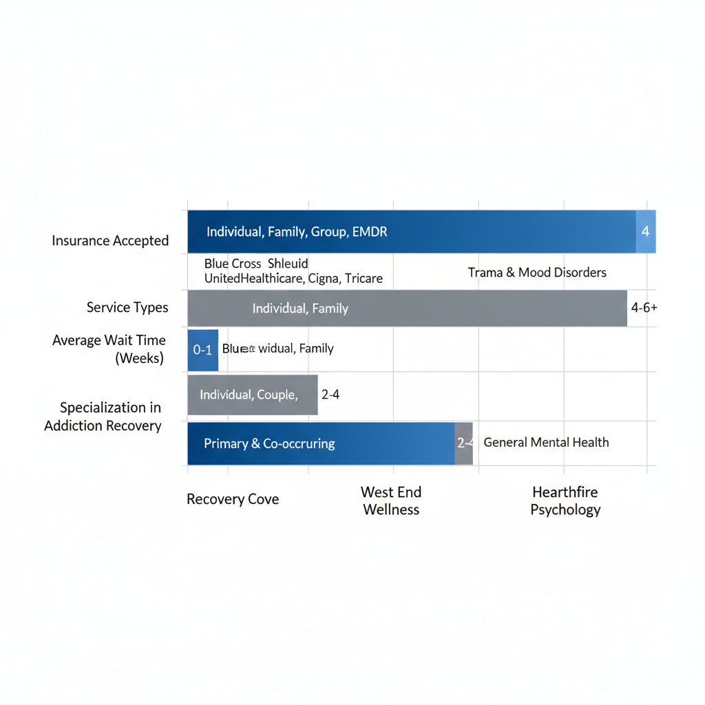 Bar chart comparing key features of Allentown family therapy providers, emphasizing Recovery Cove's insurance options and addiction recovery specialization.