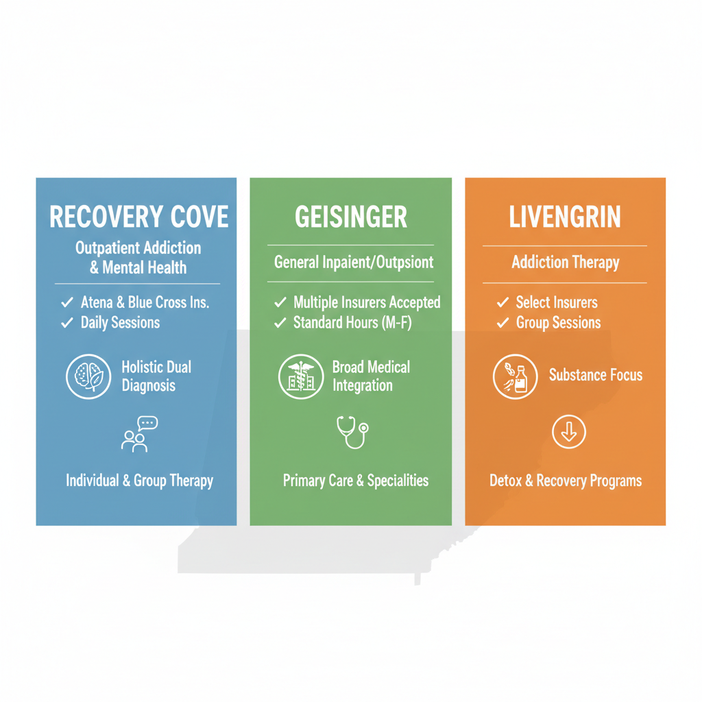 Infographic comparing Recovery Cove, Geisinger, and Livengrin behavioral health services in Allentown, PA, with panels showing services, insurance, and specialties using icons and checkmarks.