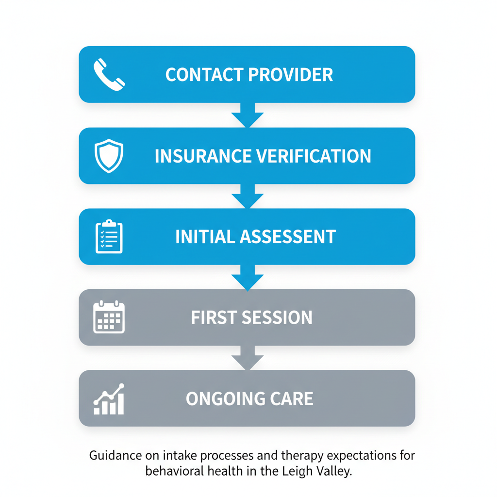 Vertical process flow diagram illustrating five steps to start behavioral health treatment: contact provider, insurance verification, initial assessment, first therapy session, and ongoing care plan.
