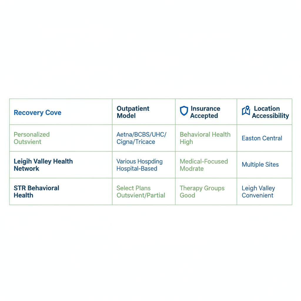 Infographic comparing outpatient addiction treatment providers in Lehigh Valley including Recovery Cove, Lehigh Valley Health Network, and STR Behavioral Health across model, insurance, integration, and location.
