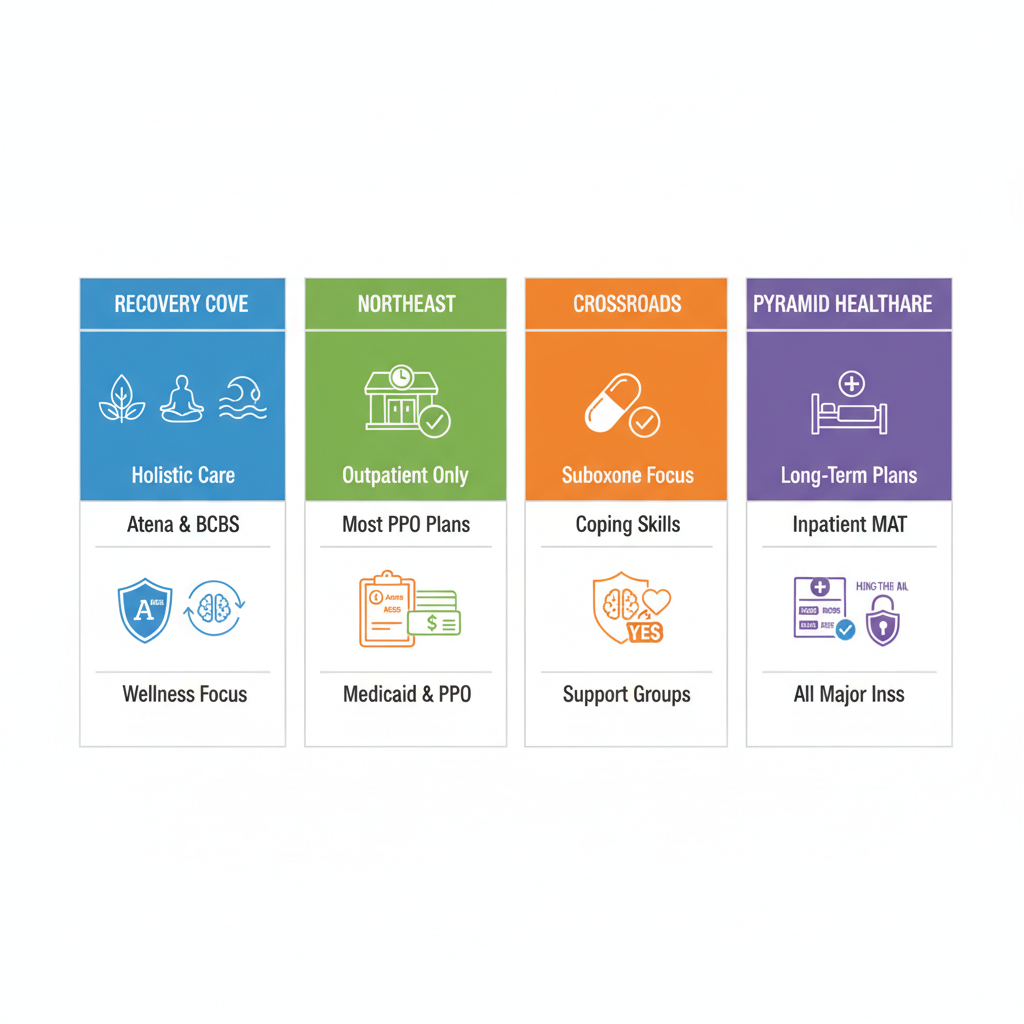 Infographic comparing addiction treatment centers in Easton with icons for services, insurance, and programs