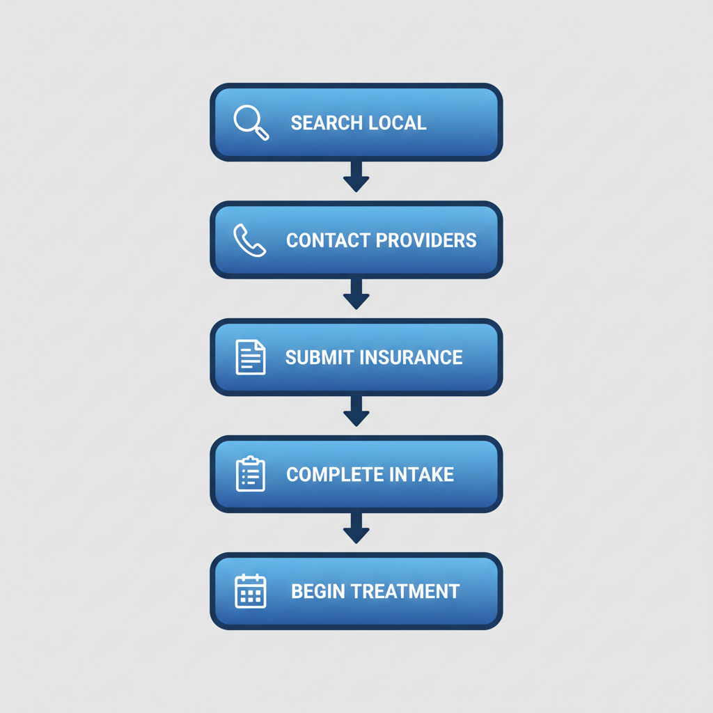 Vertical process flow diagram showing five steps to start addiction treatment in Easton: search directories, contact providers, submit insurance, complete intake, and begin treatment plan.