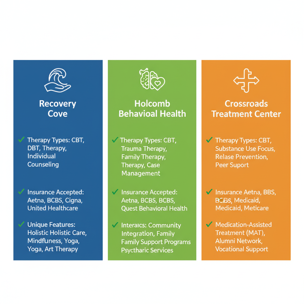 Infographic comparing addiction treatment providers in Easton: Recovery Cove, Holcomb Behavioral Health, and Crossroads Treatment Center, highlighting therapy types, insurance, duration, and features.