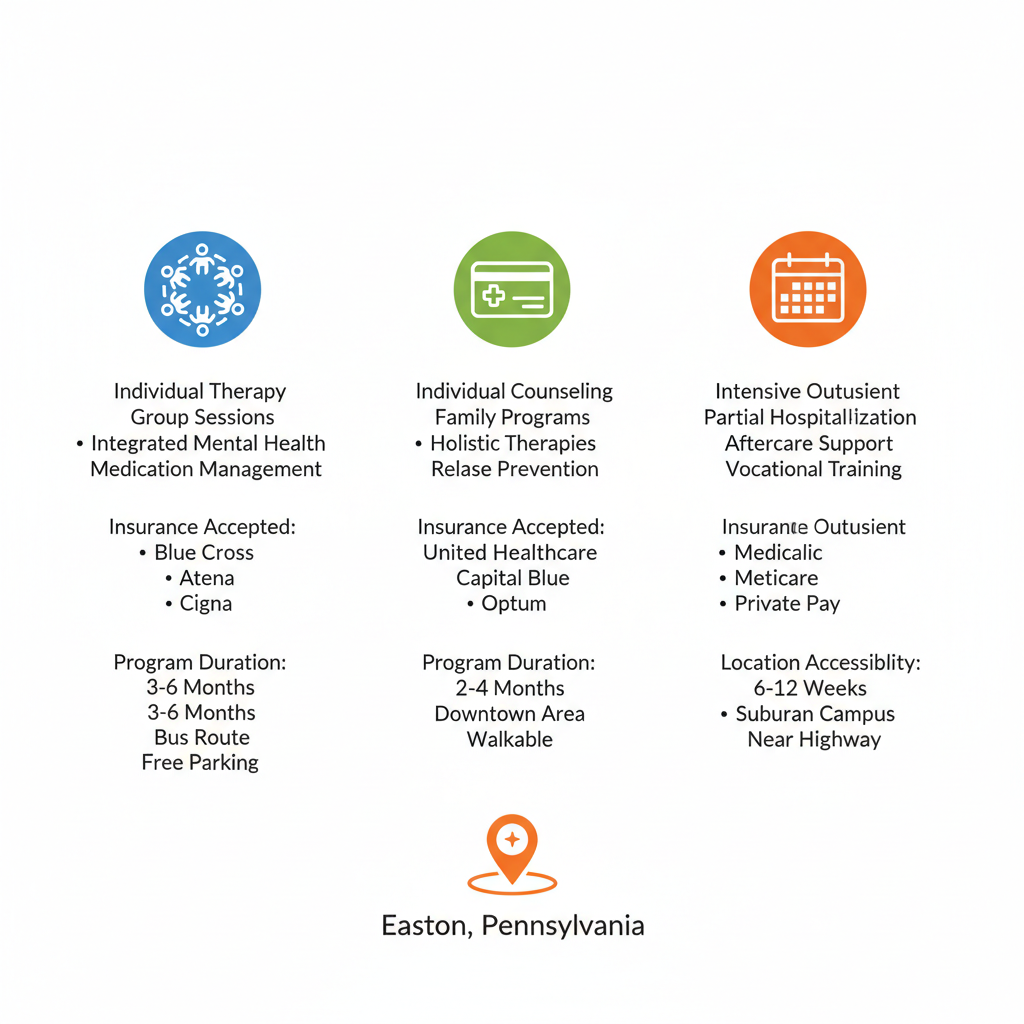 Infographic comparing three key outpatient addiction treatment providers in Easton, Pennsylvania, with icons and bullet points for services, insurance, duration, and accessibility.