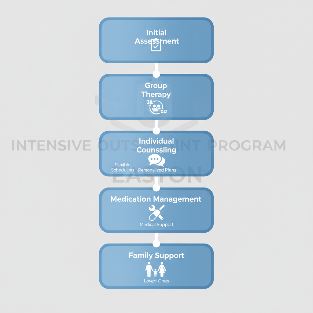 Vertical process flow diagram showing five stages of Intensive Outpatient Program for addiction recovery: initial assessment, group therapy, individual counseling, medication management, and family support.