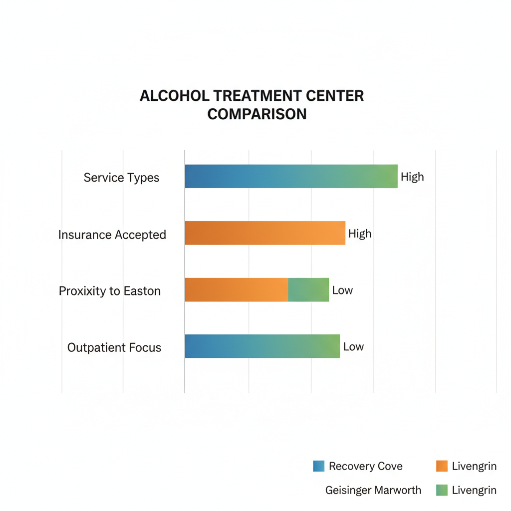 Horizontal bar chart comparing Recovery Cove, Geisinger Marworth, and Livengrin on service types, insurance, proximity to Easton, and outpatient focus with qualitative ratings
