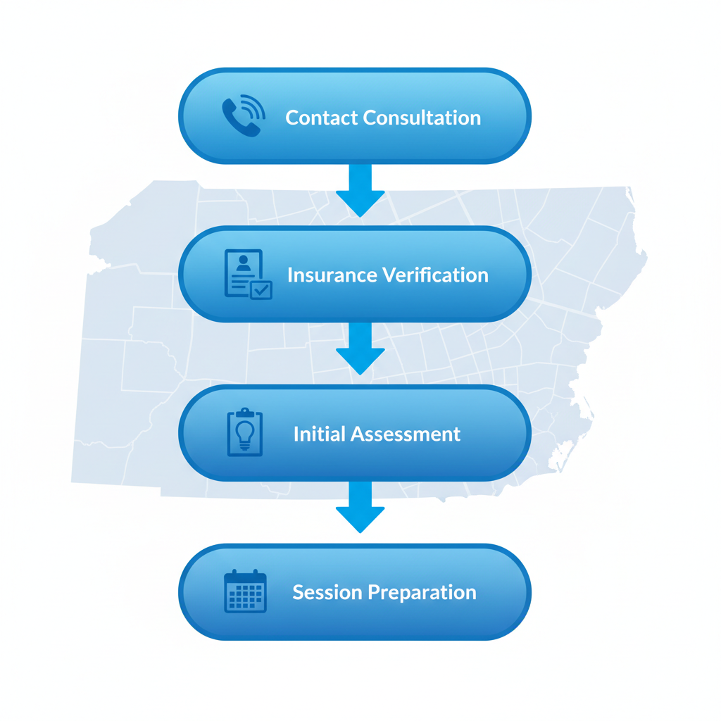 Vertical process flow diagram showing five steps to begin outpatient alcohol rehab at Recovery Cove in Easton, Pennsylvania