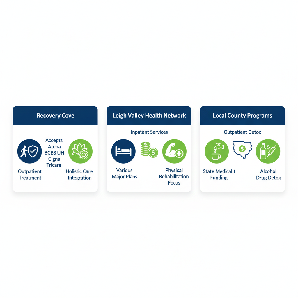 Infographic comparing rehabilitation centers in Allentown: Recovery Cove outpatient holistic care, Lehigh Valley inpatient physical rehab, local programs detox services.