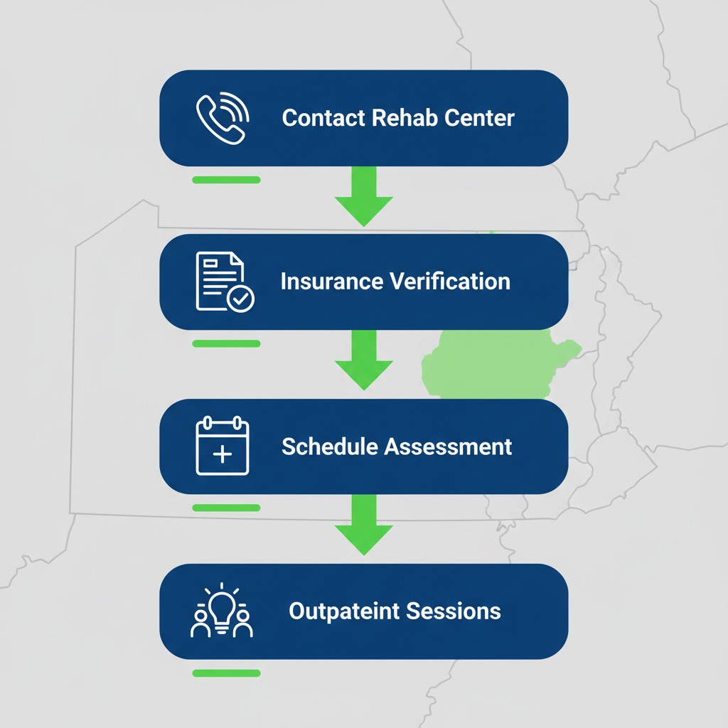 Vertical process flow illustrating five key steps to begin addiction recovery in Allentown, Pennsylvania, with icons and progress indicators.