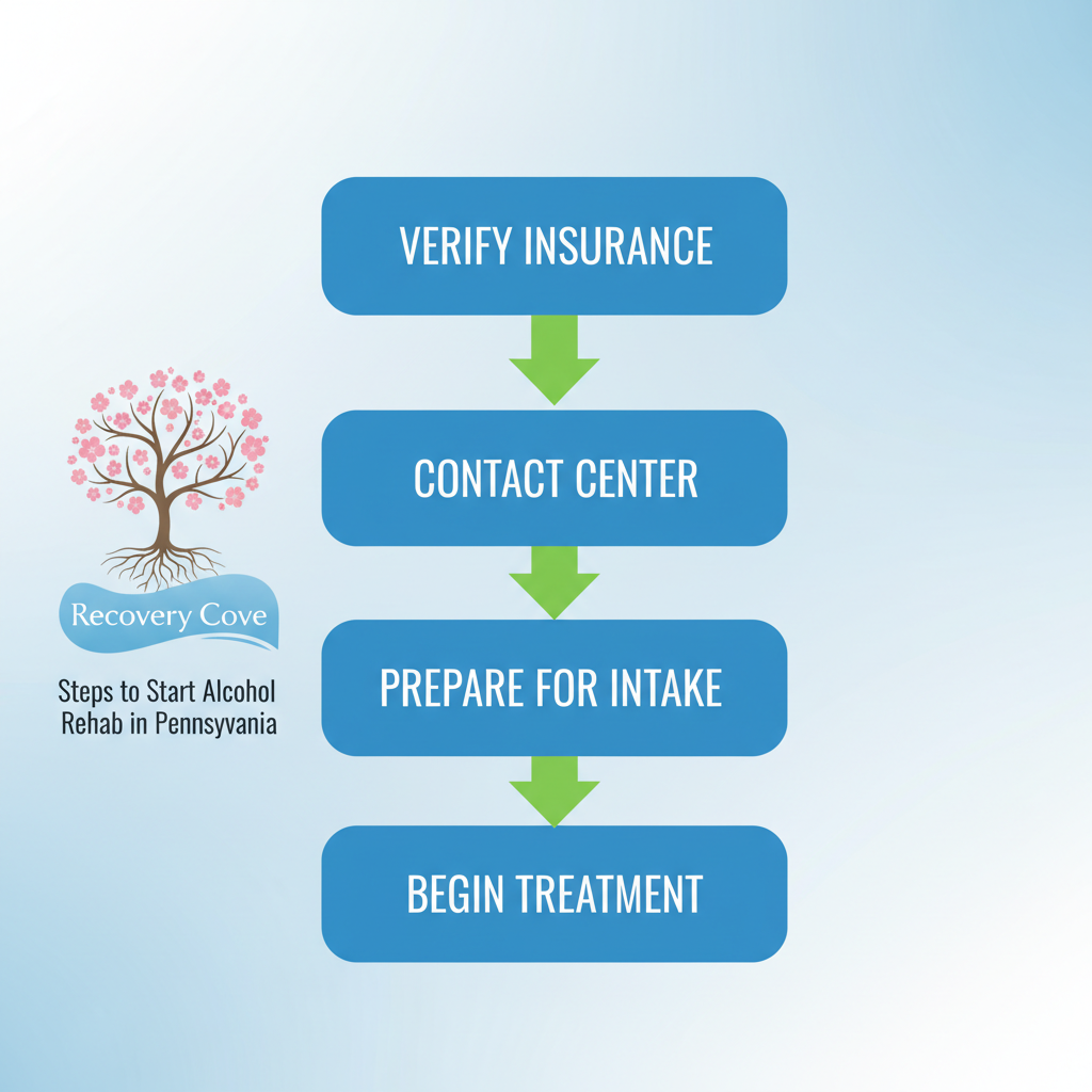 Vertical process flow diagram illustrating four steps to begin alcohol rehab treatment in Pennsylvania: verify insurance, contact center, prepare for intake, and begin treatment.