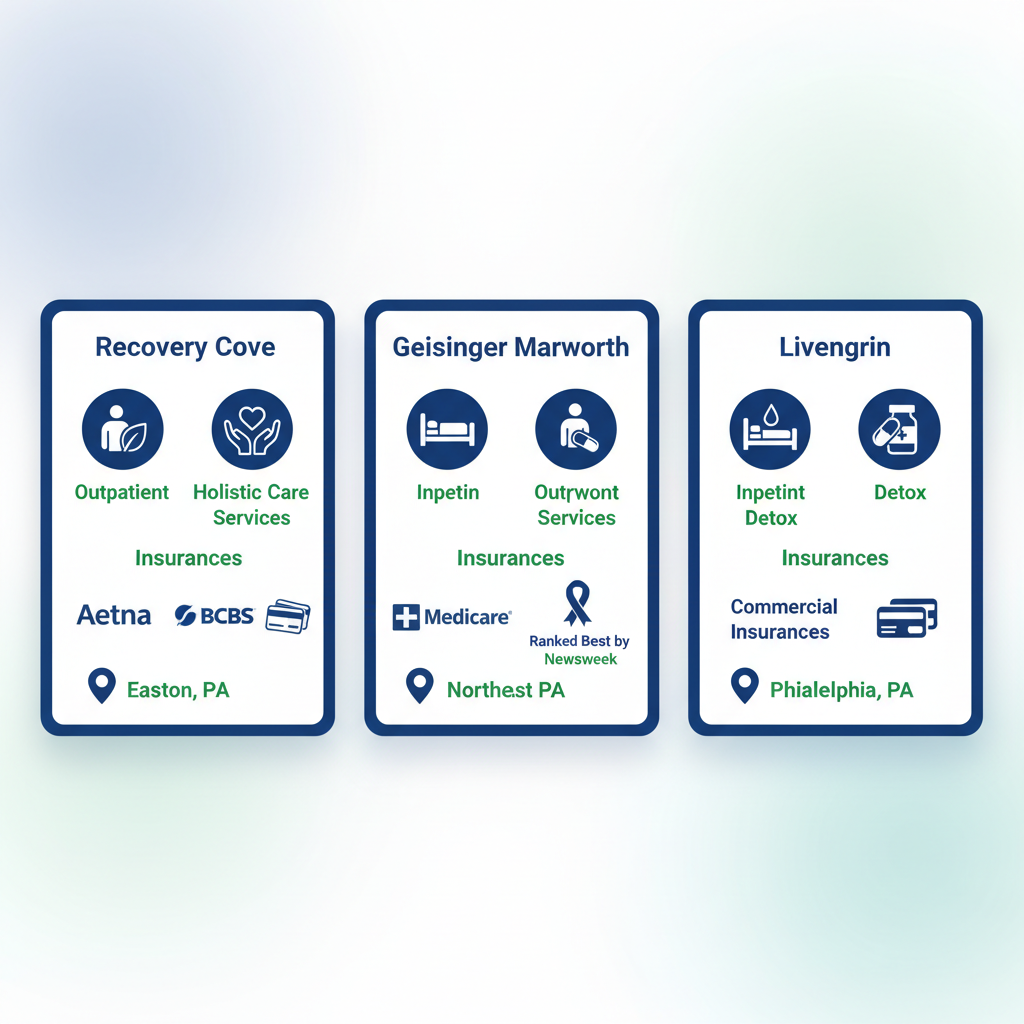 Infographic comparing alcohol rehab centers in Pennsylvania: Recovery Cove, Geisinger Marworth, and Livengrin with services, insurance, and locations.