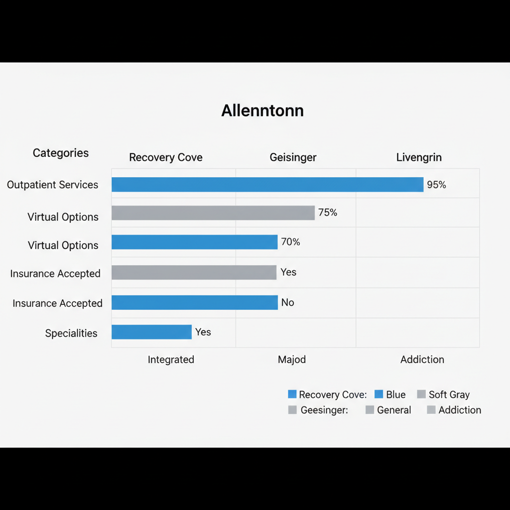 Horizontal bar chart comparing mental health providers in Allentown across outpatient services, virtual options, insurance, and specialties