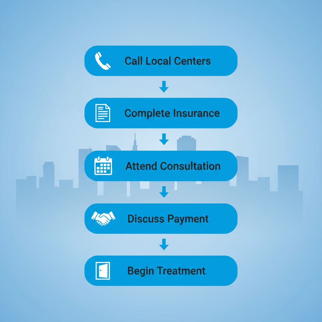 Vertical process flow diagram showing five steps to begin rehab treatment with icons and blue rounded boxes.