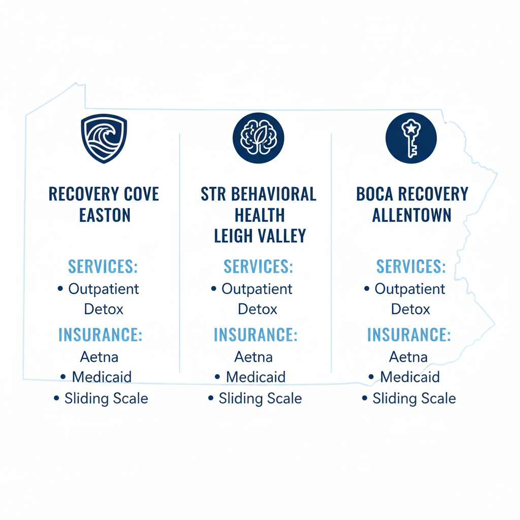 Infographic comparing services, insurance, and costs of Recovery Cove, STR Behavioral Health, and Boca Recovery in Allentown area