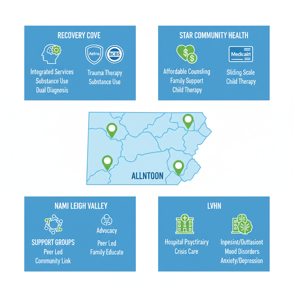 Infographic showing mental health services overview in Allentown including Recovery Cove, Star Community Health, NAMI Lehigh Valley, and LVHN with map and icons.