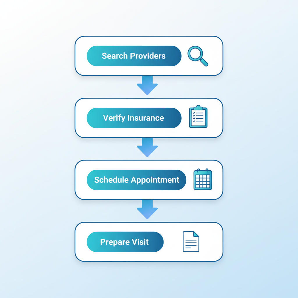 Vertical process flow diagram showing four steps to start mental health care in Allentown: search providers, verify insurance, schedule appointment, and prepare for visit.