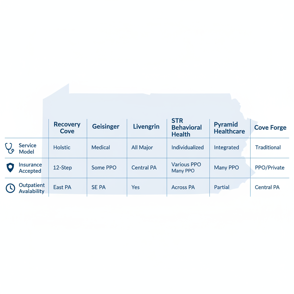 Infographic comparing six major Pennsylvania drug rehabilitation centers including Recovery Cove, with columns for service models, accepted insurances, locations, and outpatient options, featuring relevant icons and a subtle state outline.