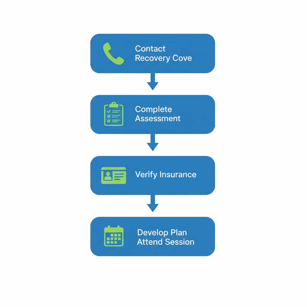 Vertical process flow diagram of five steps to start addiction recovery: contact Recovery Cove, initial assessment, insurance verification, personalized treatment plan, and first session with icons and arrows.