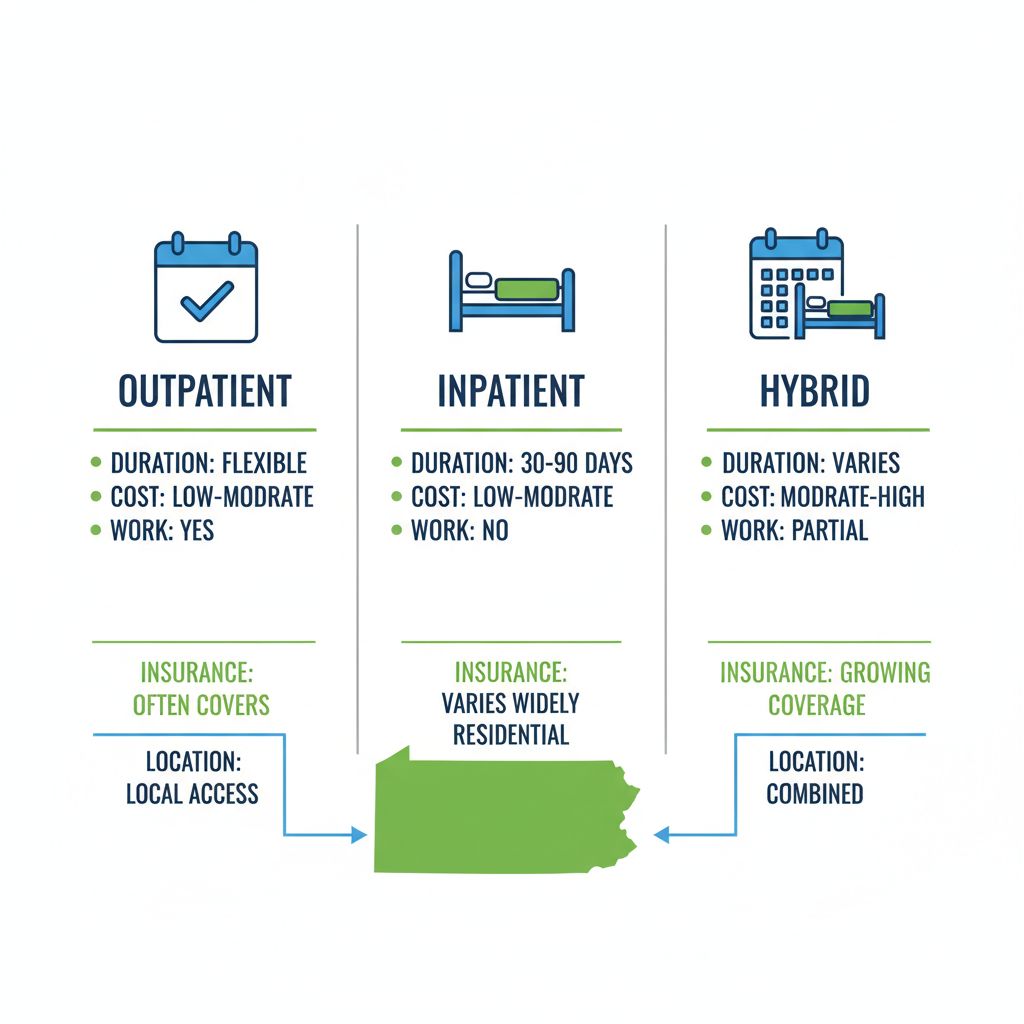 Infographic comparing outpatient, inpatient, and hybrid rehab programs in Pennsylvania with icons and key features.