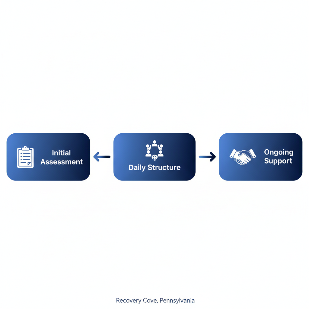 Horizontal process flow diagram illustrating the three stages of outpatient rehab at Recovery Cove: initial assessment, daily therapy sessions, and ongoing support.