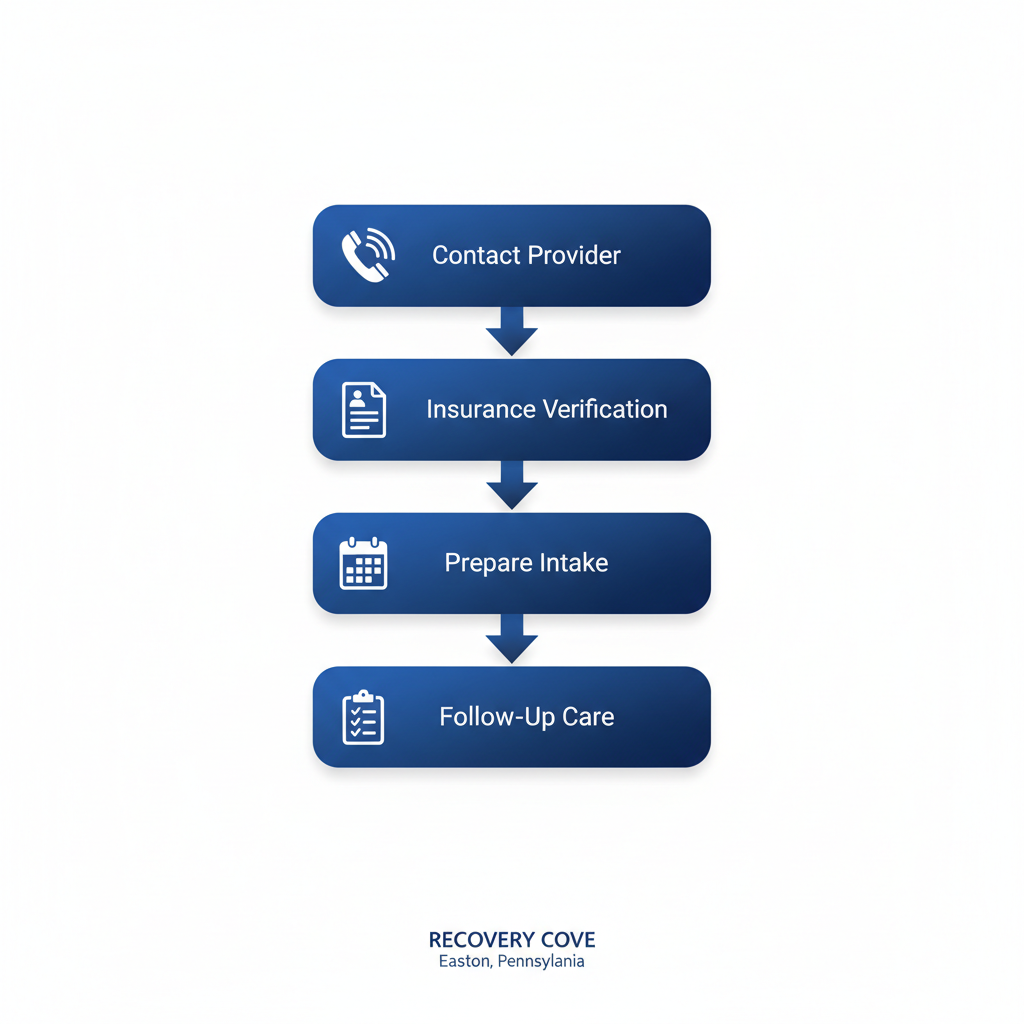 Vertical process flow diagram showing five steps to start mental health treatment at Recovery Cove.