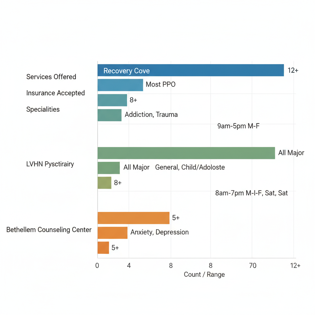 Horizontal bar chart comparing mental health providers in Bethlehem: Recovery Cove in blue, LVHN in green, Bethlehem Counseling in orange, showing services, insurance, specialties, and hours.