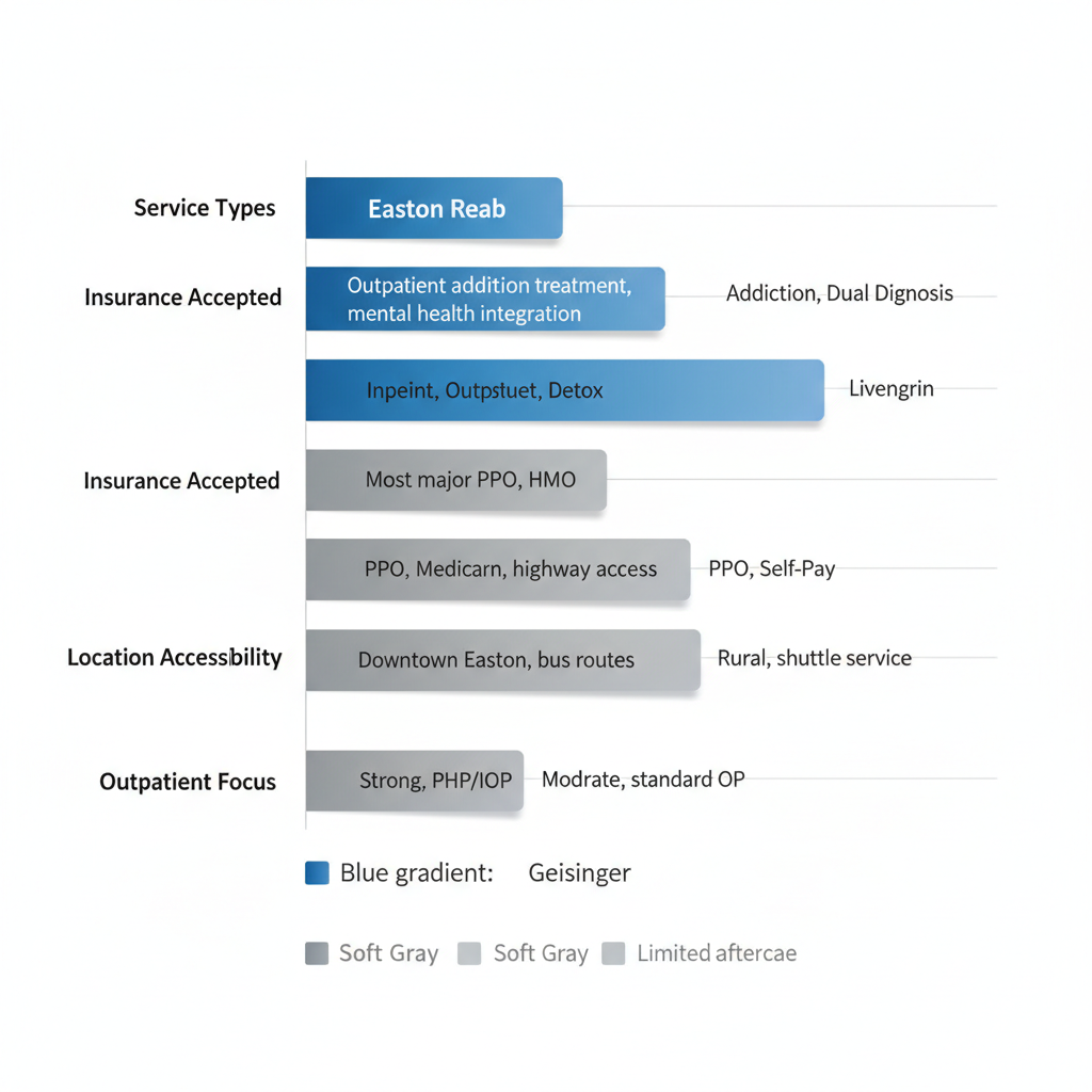 Horizontal bar chart comparing rehab centers in Easton, Pennsylvania by services, insurance, accessibility, and outpatient focus