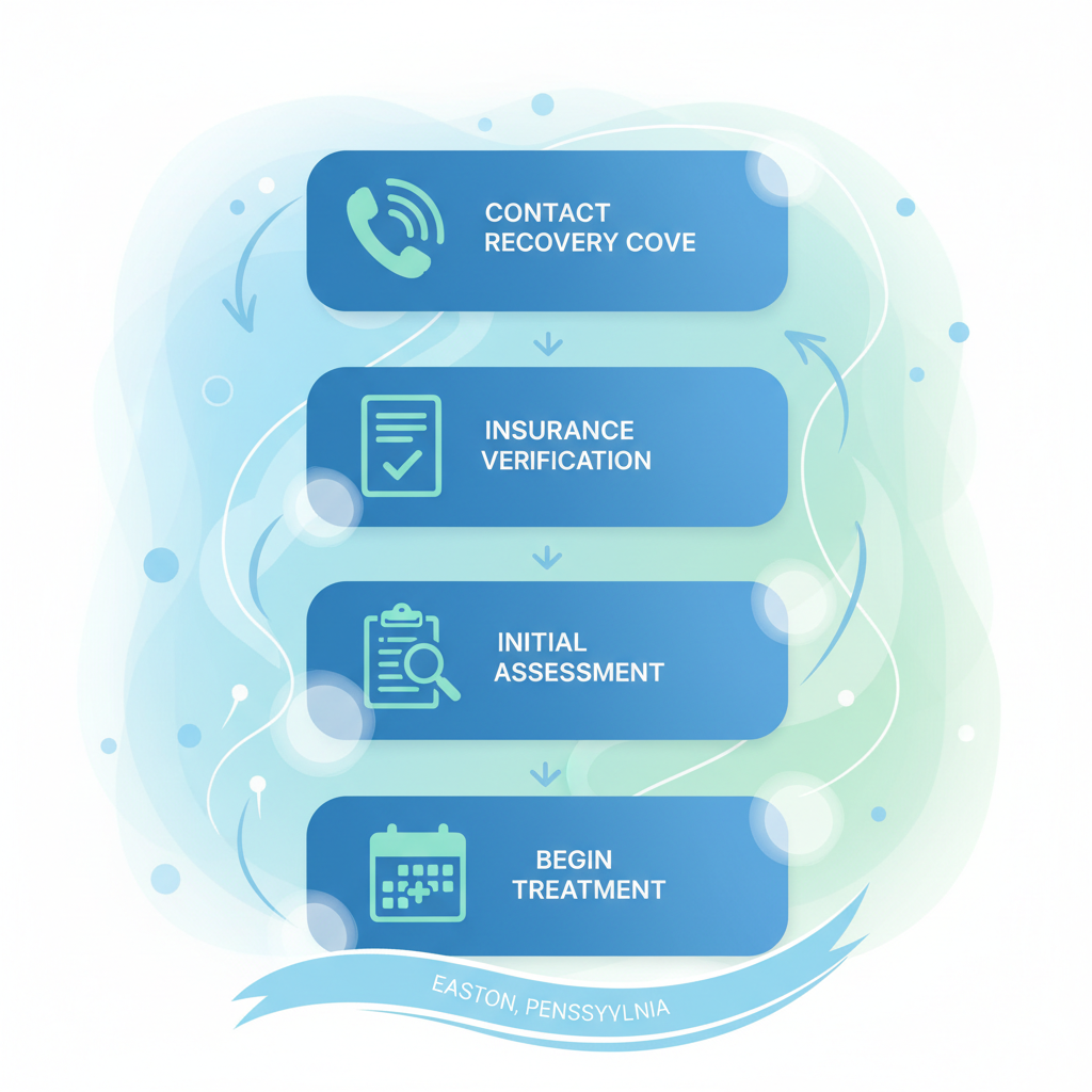 Vertical process flow diagram illustrating four key steps to start recovery at Recovery Cove: contact, insurance verification, assessment, and begin treatment.