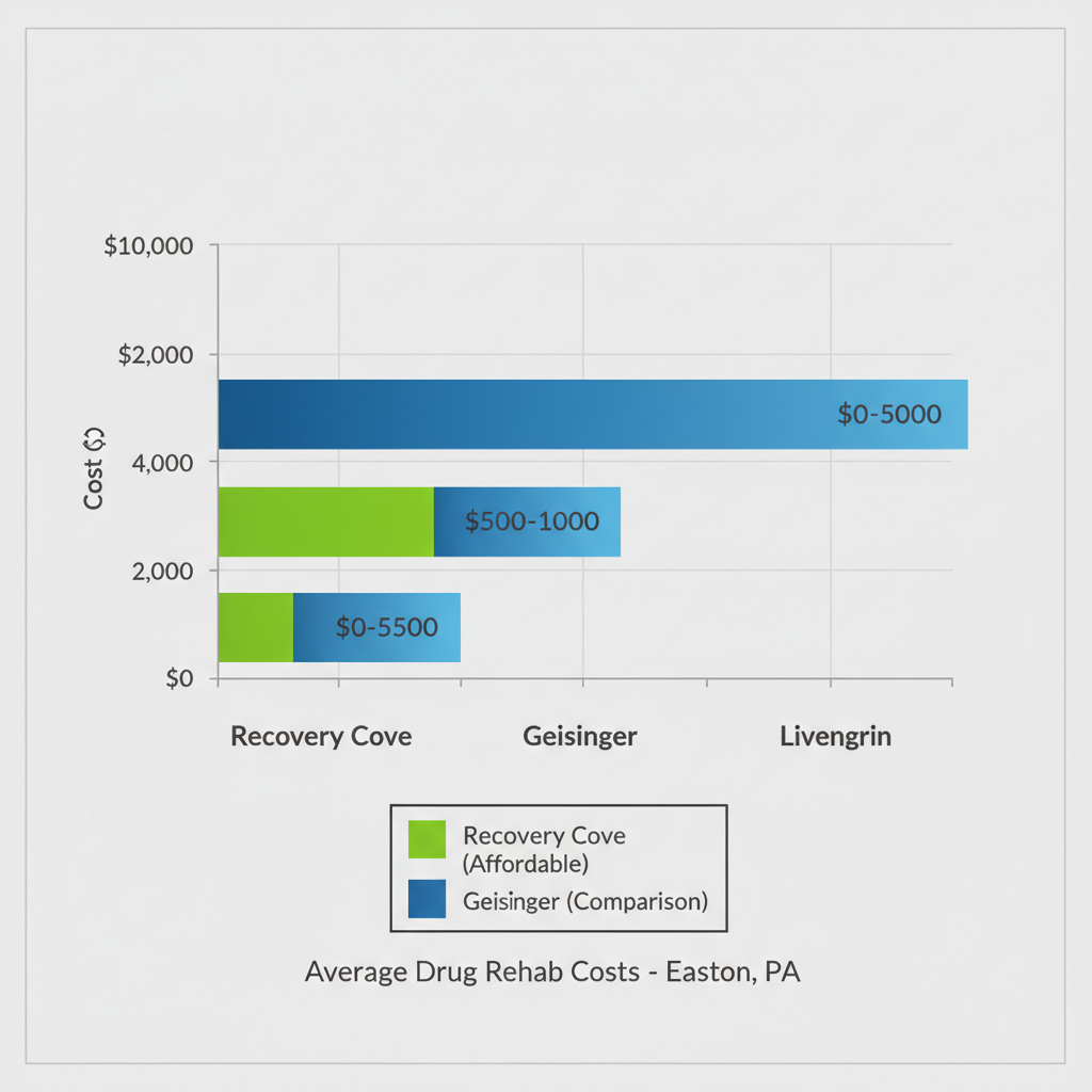 Horizontal bar chart comparing drug rehab costs in Easton: Recovery Cove in green from $0-$5000, Geisinger and Livengrin in blue gradients up to $10,000.