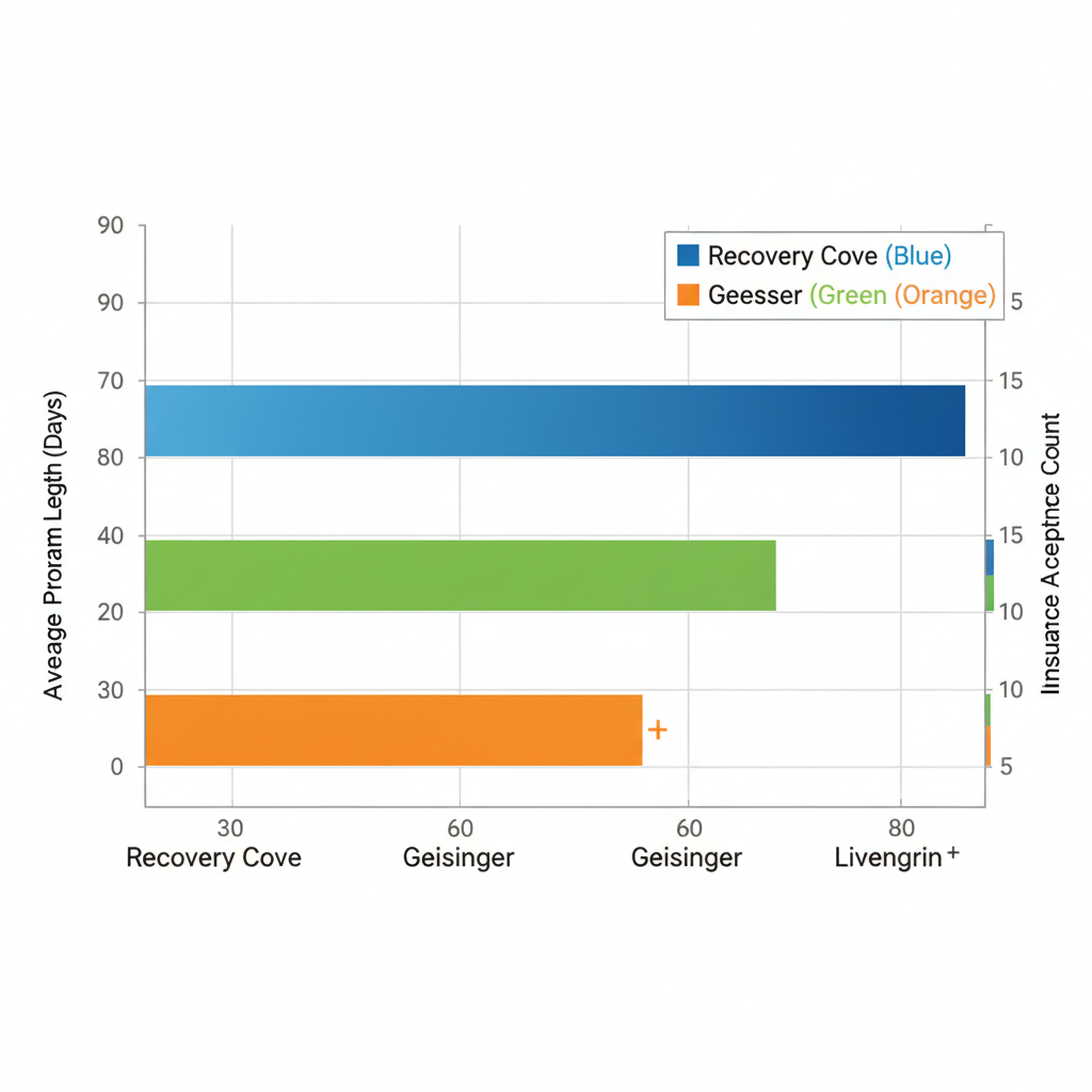 Horizontal bar chart comparing program lengths and insurance acceptance of three Pennsylvania rehab centers: Recovery Cove, Geisinger, and Livengrin
