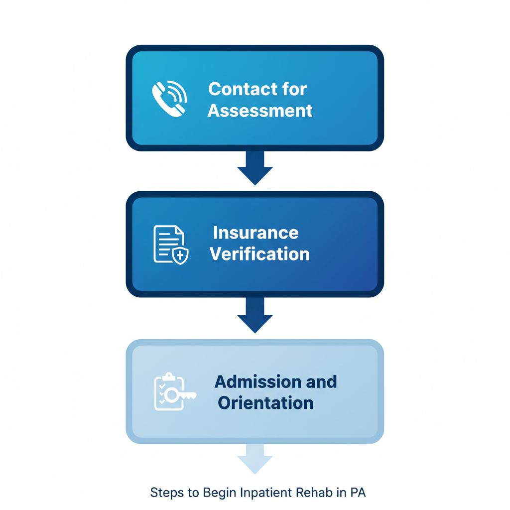 Vertical process flow diagram showing four steps to start inpatient rehab in Pennsylvania: contact assessment, insurance verification, admission, and intake orientation with icons.