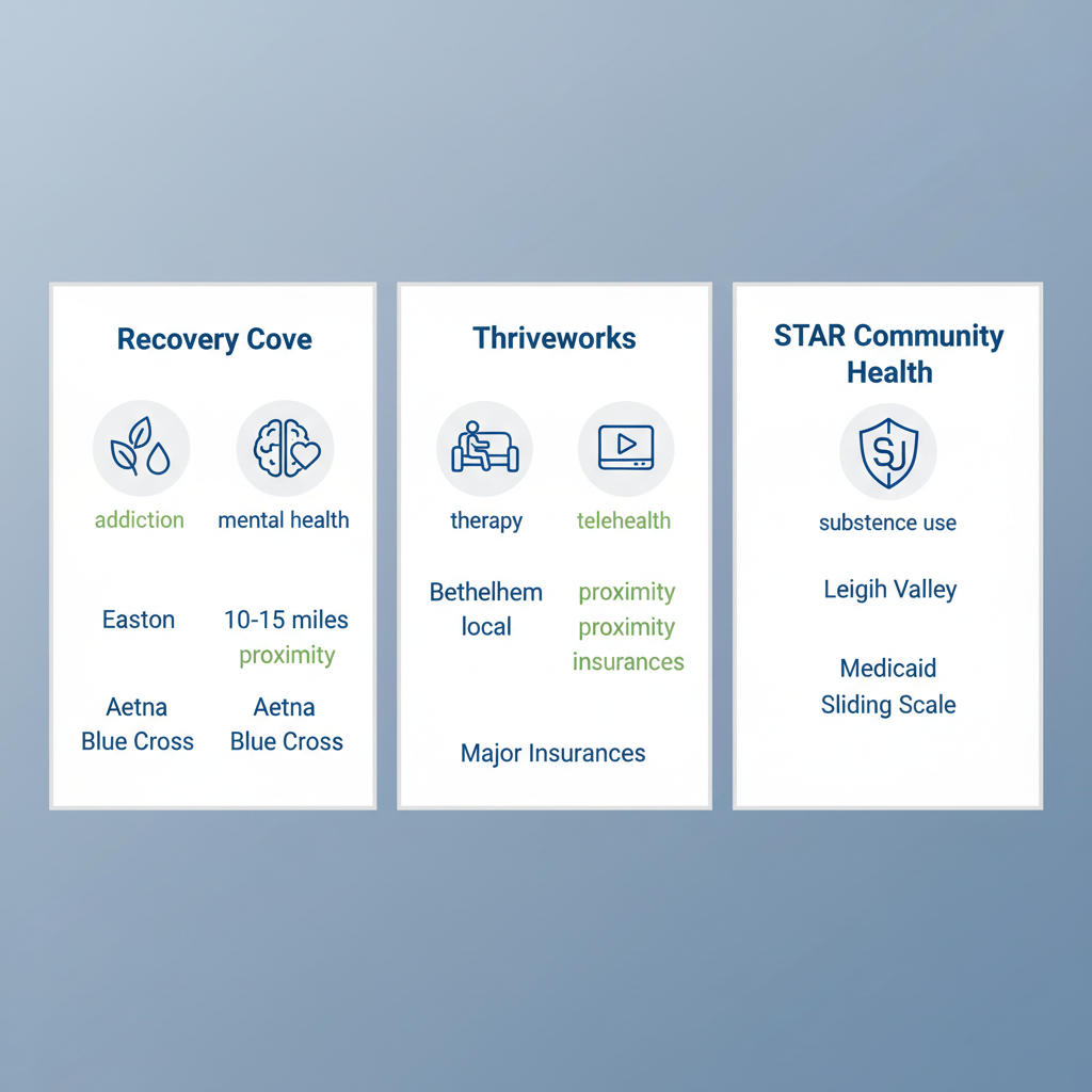 Infographic comparing Recovery Cove, Thriveworks, and STAR Community Health mental health services, locations, and insurance options for Bethlehem area