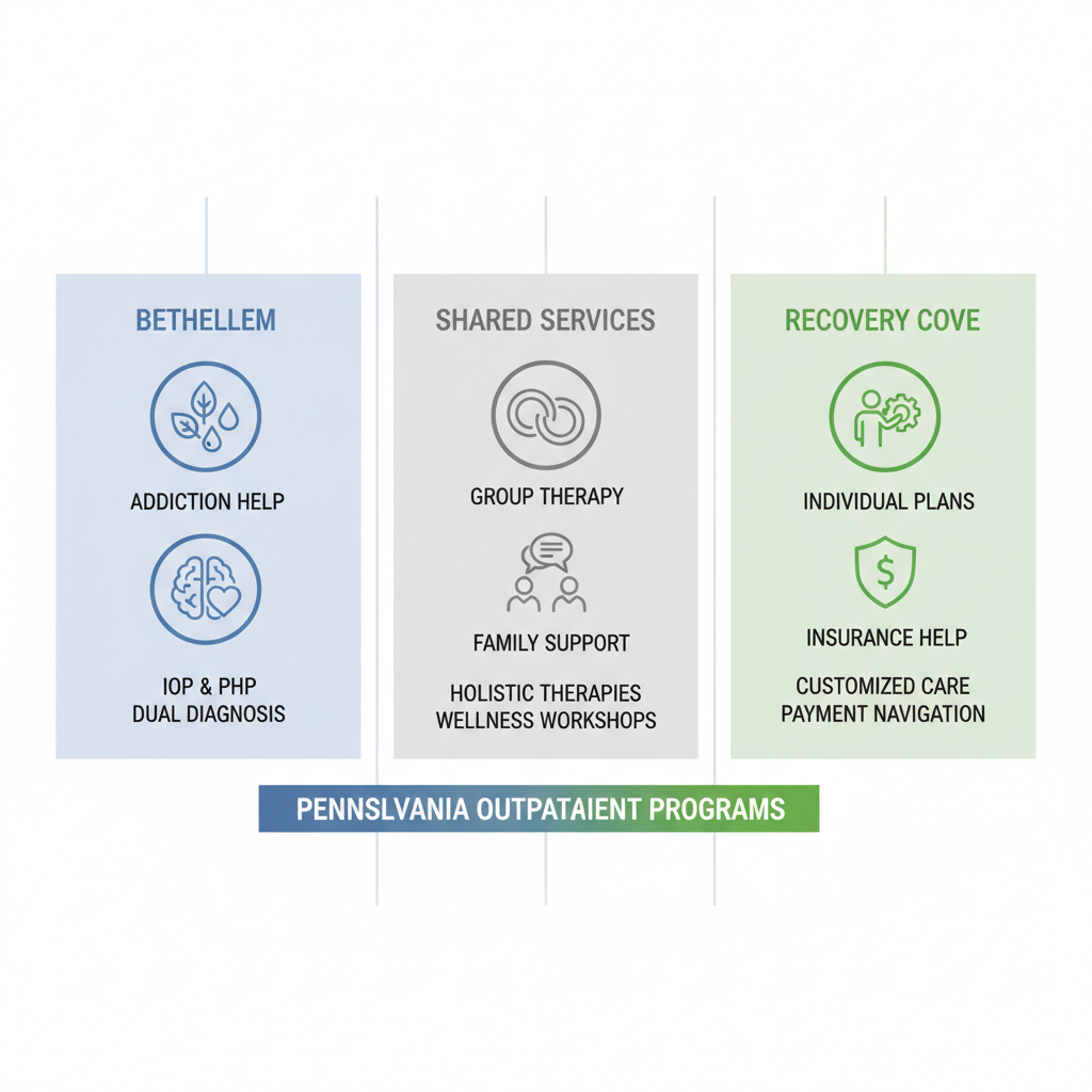 Infographic comparing key behavioral health services between Bethlehem and Recovery Cove, with icons for outpatient treatment, mental health, therapy, personalized plans, and insurance.