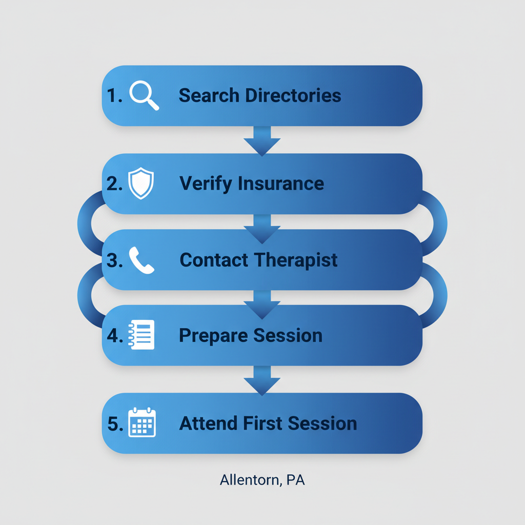 Vertical process flow diagram showing five steps to start depression therapy in Allentown, PA, with icons and labels.