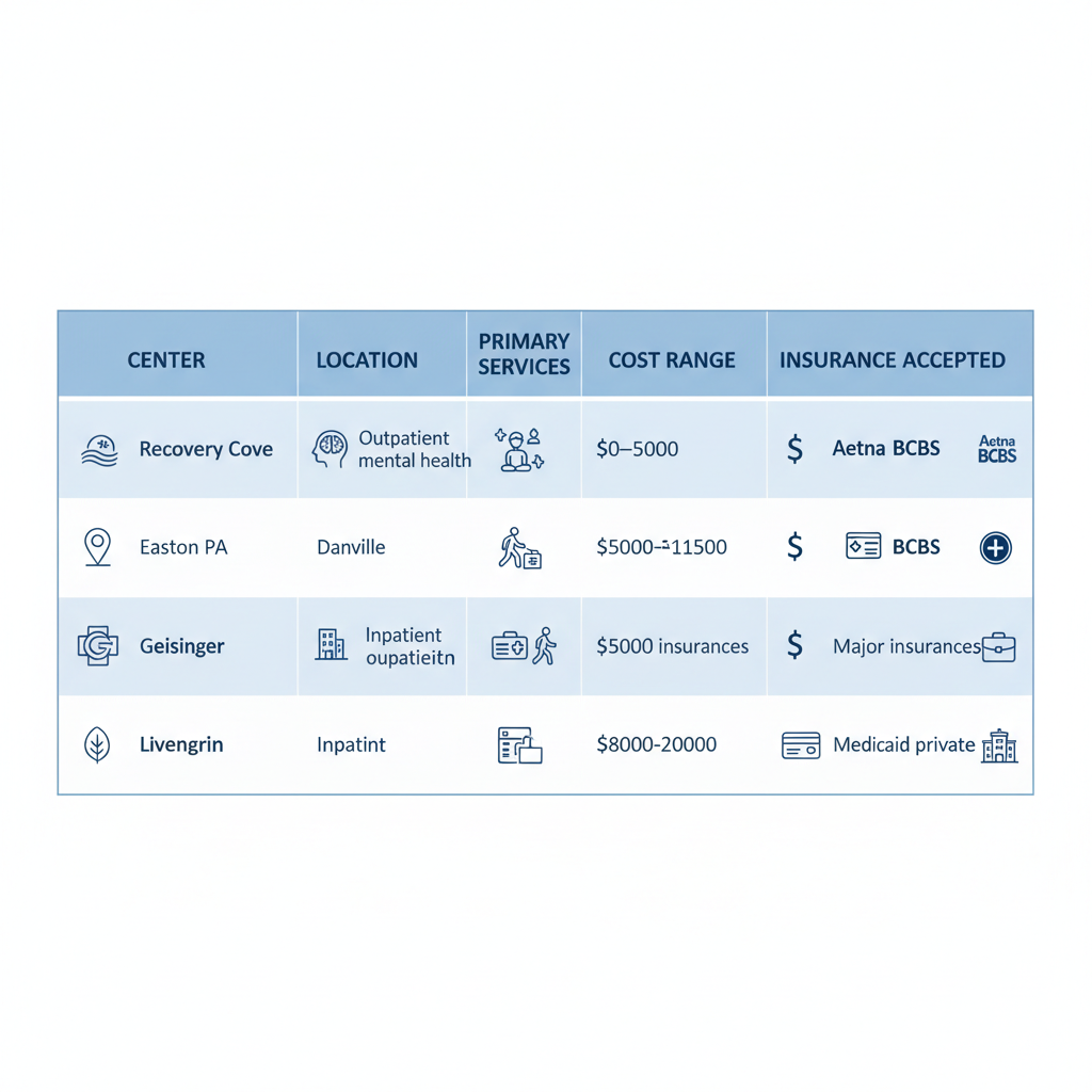 Comparison table of top alcohol rehab centers in Pennsylvania showing centers, locations, services, costs, and insurance.