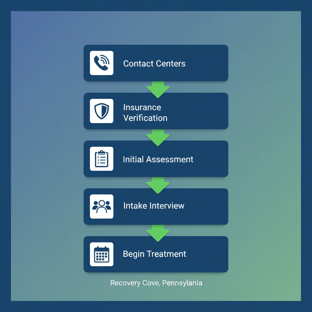 Process flow illustrating five steps to start rehab treatment in Pennsylvania: contact centers, insurance verification, initial assessment, intake interview, begin treatment.